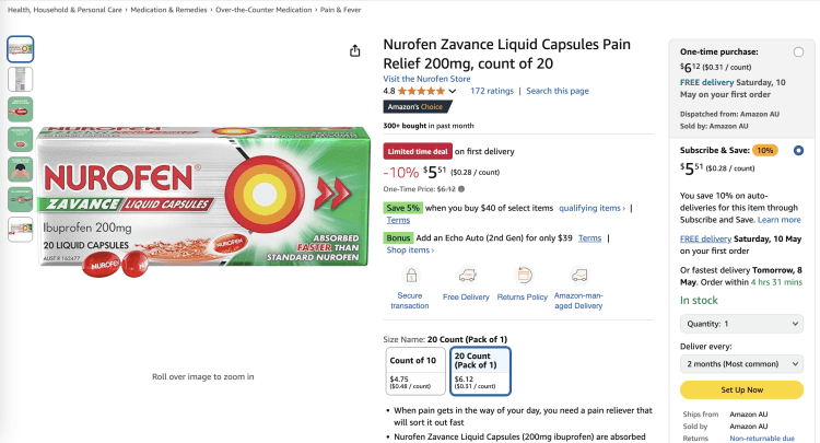 Amazon: Nurofen Zavance Liquid Capsules Pain Relief 200mg – 10% Off, now $5.31